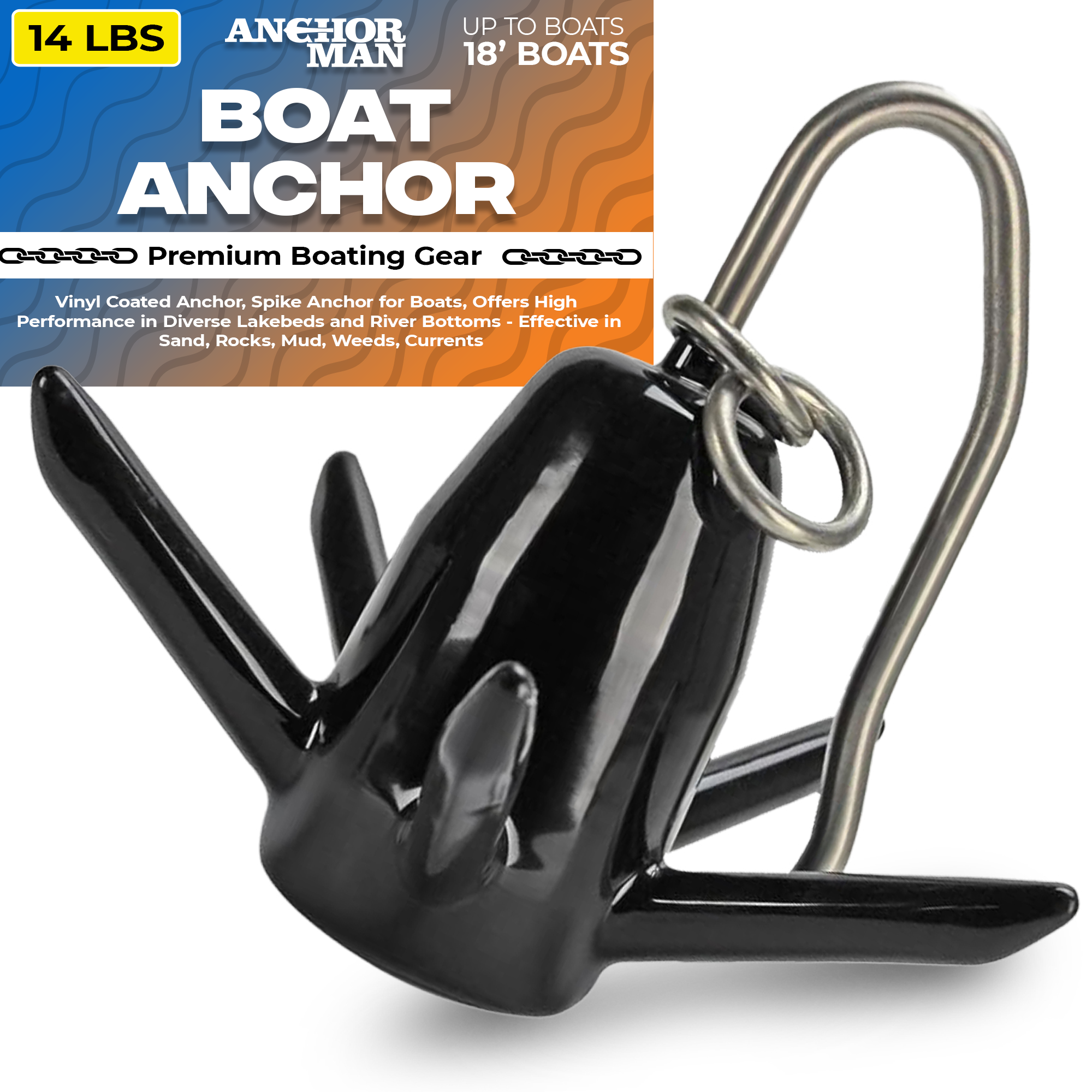 Anchor-Man Vinyl-Coated  Anchor - Spike Anchor for Boats, Offers High Performance in Diverse Lakebeds and River Bottoms - Effective in Sand, Rocks, Mud, Weeds, Currents and More (14lb/18lb/25lb)