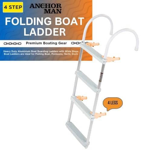 Anchor-Man Folding Boat Ladder for Boat (4 Step) - Heavy Duty Aluminium Boat Boarding Ladders with Wide Steps - Boat Ladders are Ideal for Fishing Boat, Pontoons, Yacht, Dock etc
