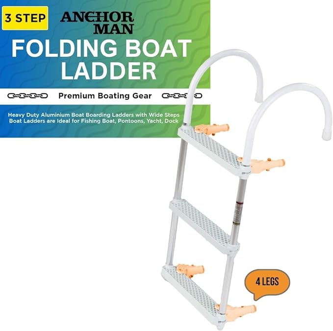 Anchor-Man Folding Boat Ladder for Boat (3 Step) - Heavy Duty Aluminium Boat Boarding Ladders with Wide Steps - Boat Ladders are Ideal for Fishing Boat, Pontoons, Yacht, Dock etc