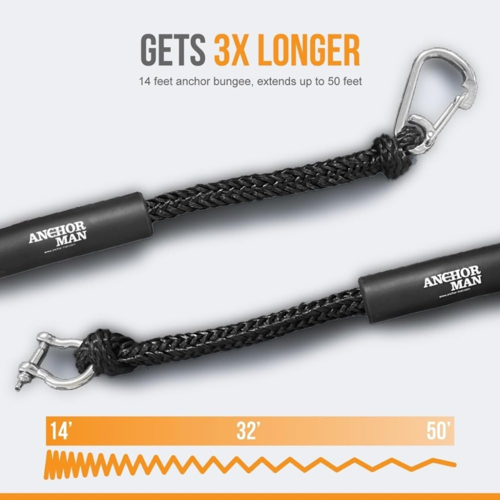 Anchor-Man Boat Bungee Dock Lines 7ft-22ft / 14ft-50ft Heavy-Duty Bungee Anchor Line with 316 Stainless Steel Clips High-Elasticity Bungee Rope for Boat, Jet Ski, & Kayak