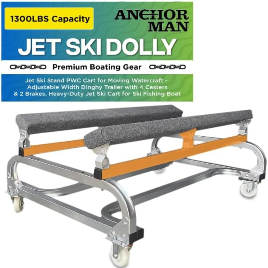 Anchor-Man Jet Ski Dolly, Small Boat Dolly Jetski Stand for Moving Watercraft, Adjustable Jet Ski Trailer with 4 Casters & 2 Brakes, Heavy-Duty Boat Stands Floating Jet Ski Dock, 1300 Lbs Capacity