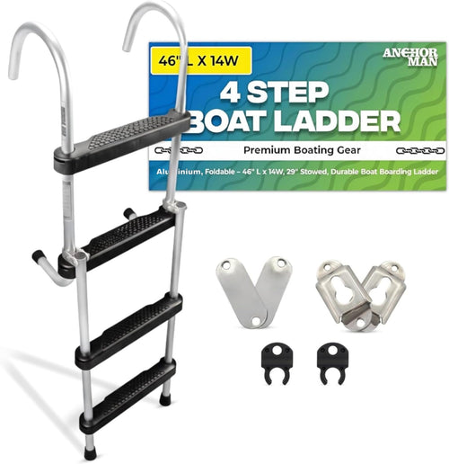 4 Step Ladder 44 x 14 , Aluminum Folding Ladder for Boat Heavy-Duty 400lb Capacity Non-Slip Marine Step Ladder Ligh Anchor-Man