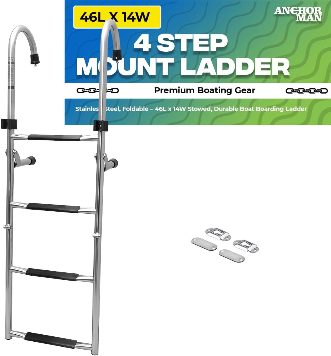 4 Step Mount Ladder, Stainless Steel, Foldable – 46" L x 14W, 29" Stowed, Durable Boat Boarding Ladder