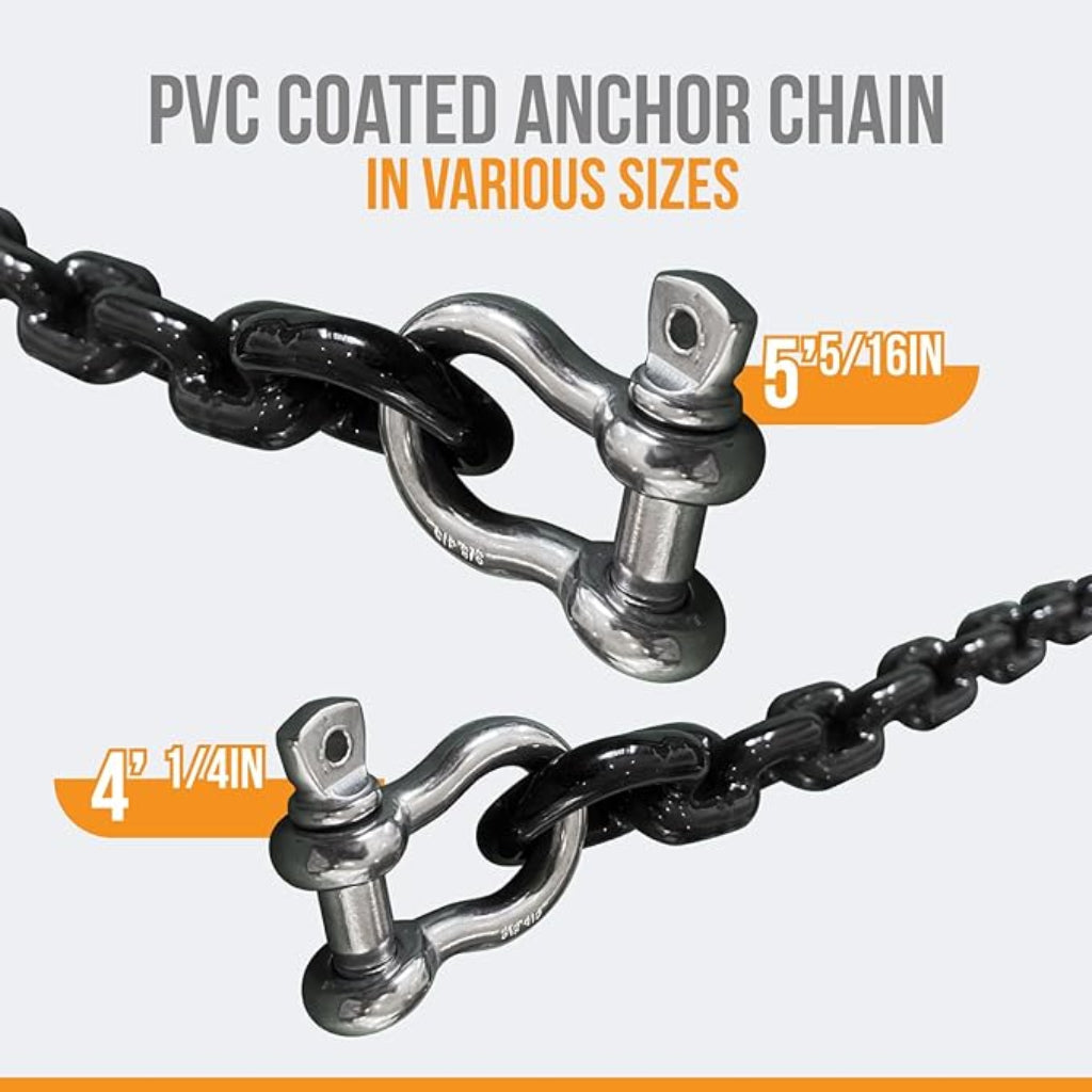 Anchor-Man PVC Coated Boat Anchor Chain with Stainless Steel Shackles – Heavy-Duty, Corrosion-Resistant Marine Safety Chain (4ft 1/4in, 5ft 5/16in)