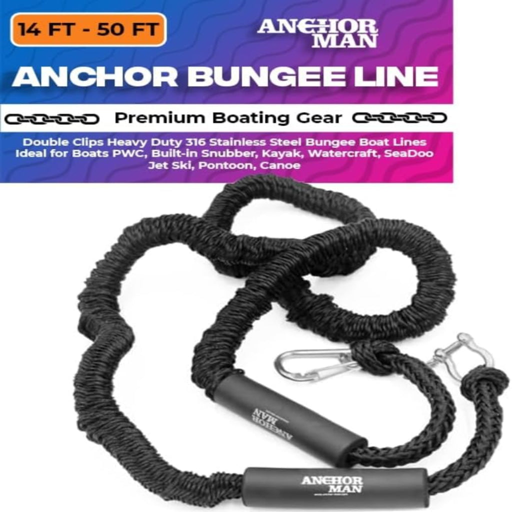 Anchor-Man Boat Bungee Dock Lines 7ft-22ft / 14ft-50ft Heavy-Duty Bungee Anchor Line with 316 Stainless Steel Clips High-Elasticity Bungee Rope for Boat, Jet Ski, & Kayak