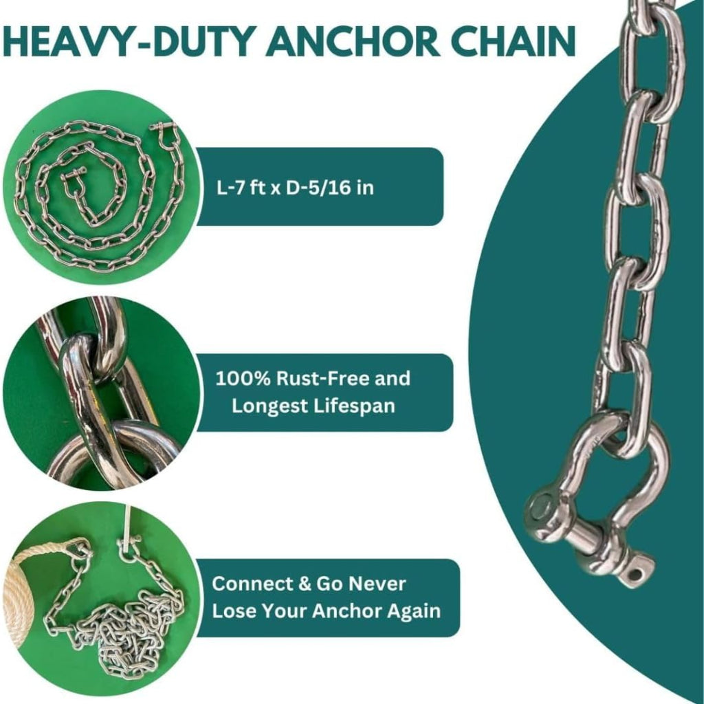 Anchor-Man Stainless Steel Boat Anchor Chain, Marine Grade, High Break Load with 2 Advanced Stainless Steel Shackles Boat Chains, 3 Sizes (5ft 1/4 in, 5ft 3/16 in, 7ft 5/16 in)
