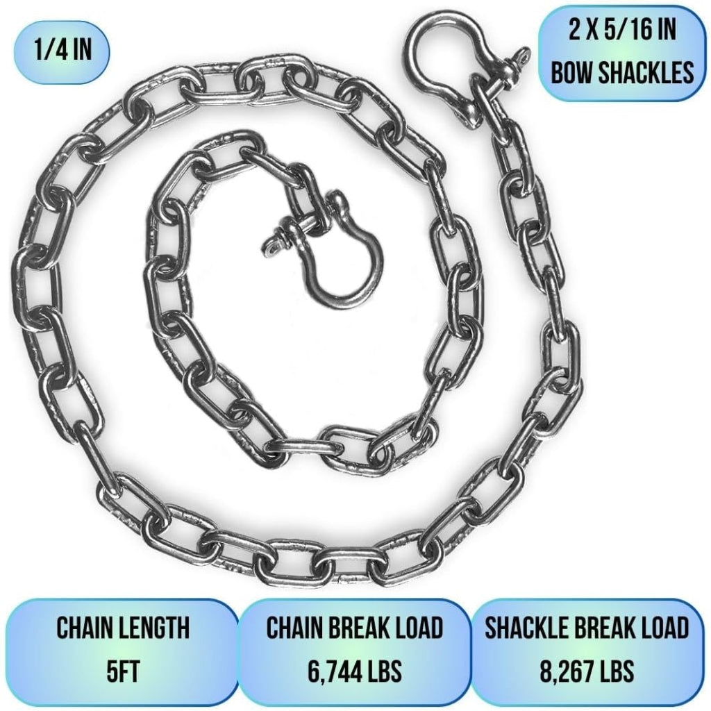Anchor-Man Stainless Steel Boat Anchor Chain, Marine Grade, High Break Load with 2 Advanced Stainless Steel Shackles Boat Chains, 3 Sizes (5ft 1/4 in, 5ft 3/16 in, 7ft 5/16 in)
