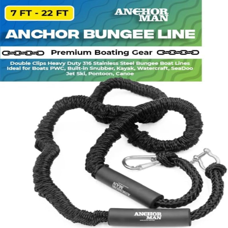 Anchor-Man Boat Bungee Dock Lines 7ft-22ft / 14ft-50ft Heavy-Duty Bungee Anchor Line with 316 Stainless Steel Clips