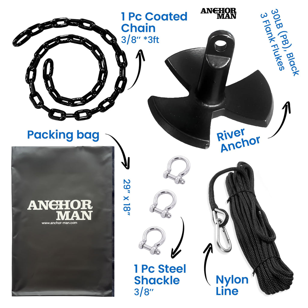 River Anchor Kit 30lbs, Vinyl/PVC Coated, 100 ft Nylon Rope, 4 ft PVC-Coated Chain, Bow Shackle, Storage Bag, Heavy Anchor-Man