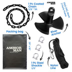 River Anchor Kit 30lbs, Vinyl/PVC Coated, 100 ft Nylon Rope, 4 ft PVC-Coated Chain, Bow Shackle, Storage Bag, Heavy Anchor-Man