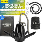 Richter Anchor Kit 25lbs with 100ft Nylon Rope, 4ft PVC Coated Chain, 3 Stainless Steel Bow Shackles Heavy Duty PVC Anchor-Man