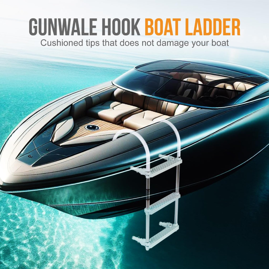 Anchor-Man Folding 3/4 Step Ladder for Fishing, Heavy-Duty Aluminum Pontoon Boat Ladder With Wide Steps, Ideal for Yacht, Dock, Etc