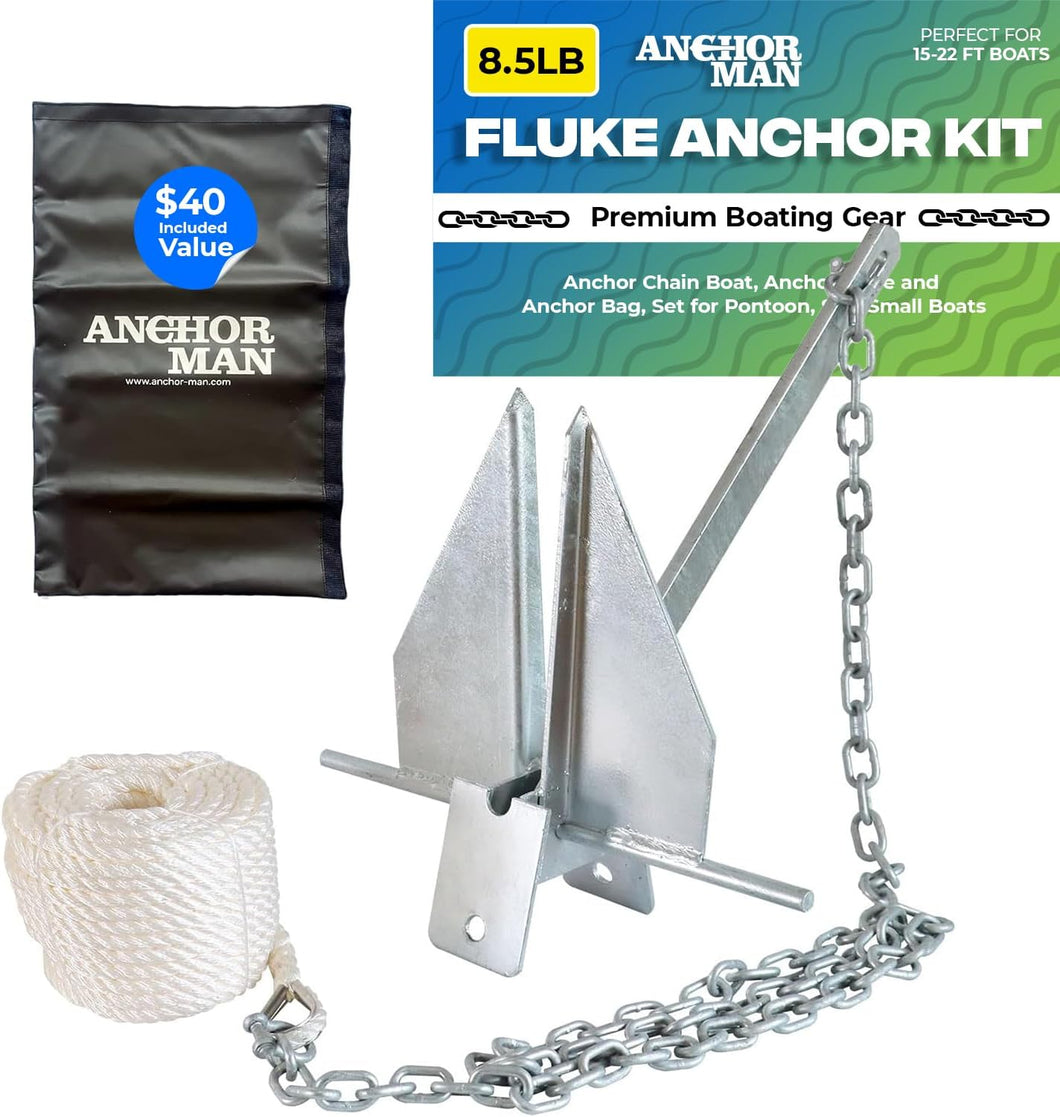 Anchor-Man Portable Galvanized Fluke Style Anchor Kit, Anchor Chain Boat, Anchor Rope and Anchor Bag, Set for Pontoon, Sail, Small Boats, Boat Anchors for 18, 25, Foot Boats - 8.5lb Kit13lb Kit