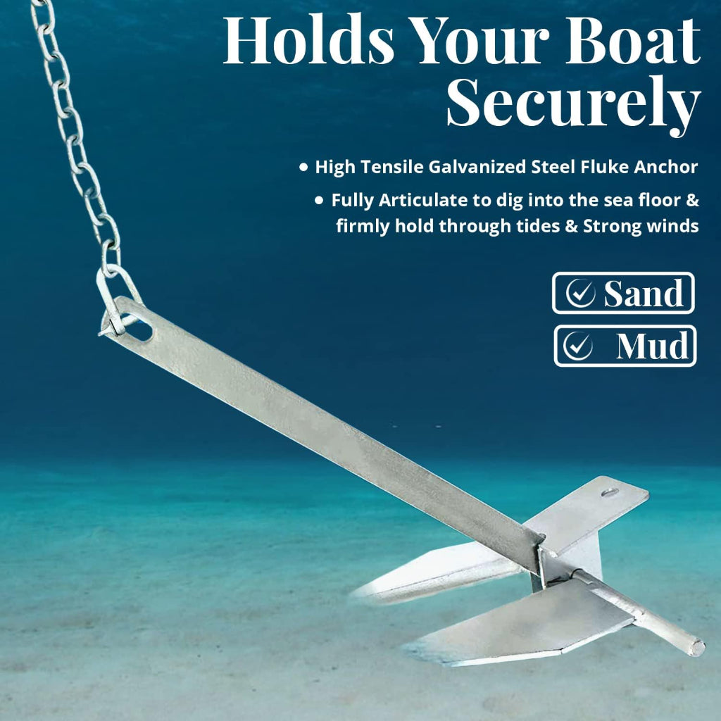 Anchor-Man Portable Galvanized Fluke Style Anchor Kit (8.5lb Kit / 13lb Kit), Anchor Chain Boat, Anchor Rope and Anchor Bag, Set for Pontoon, Sail, Small Boats, Boat Anchors for 18, 25, Foot Boats