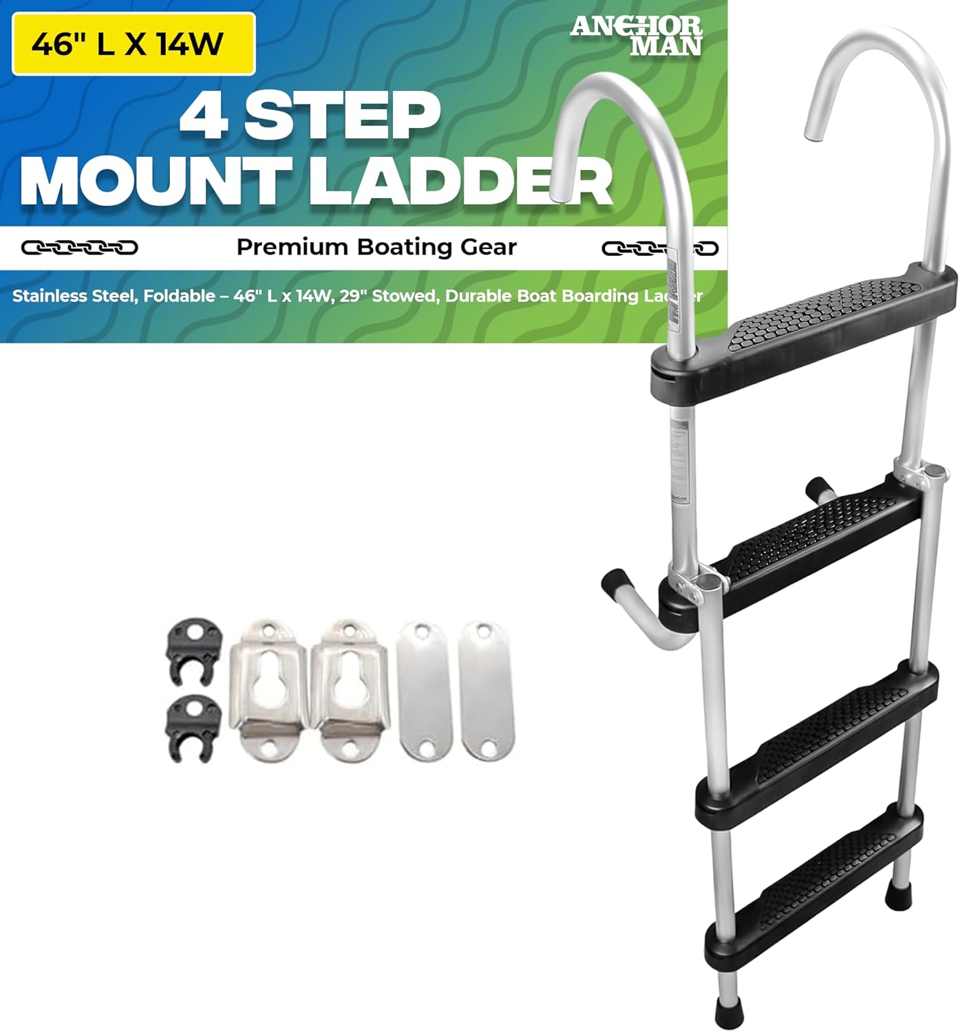 Aluminum Folding Ladder – 4-Step (2 + 2) 43.6" Length, 13.6" Width – Lightweight & Durable Boat Boarding Ladder with Polyethylene Steps
