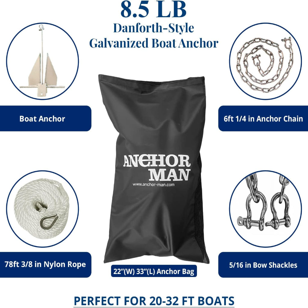 Anchor-Man Portable Galvanized Fluke Style Anchor Kit (8.5lb Kit / 13lb Kit), Anchor Chain Boat, Anchor Rope and Anchor Bag, Set for Pontoon, Sail, Small Boats, Boat Anchors for 18, 25, Foot Boats