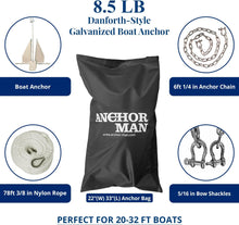 Load image into Gallery viewer, Anchor-Man Portable Galvanized Fluke Style Anchor Kit, Anchor Chain Boat, Anchor Rope and Anchor Bag, Set for Pontoon, Sail, Small Boats, Boat Anchors for 18, 25, Foot Boats - 8.5lb Kit13lb Kit
