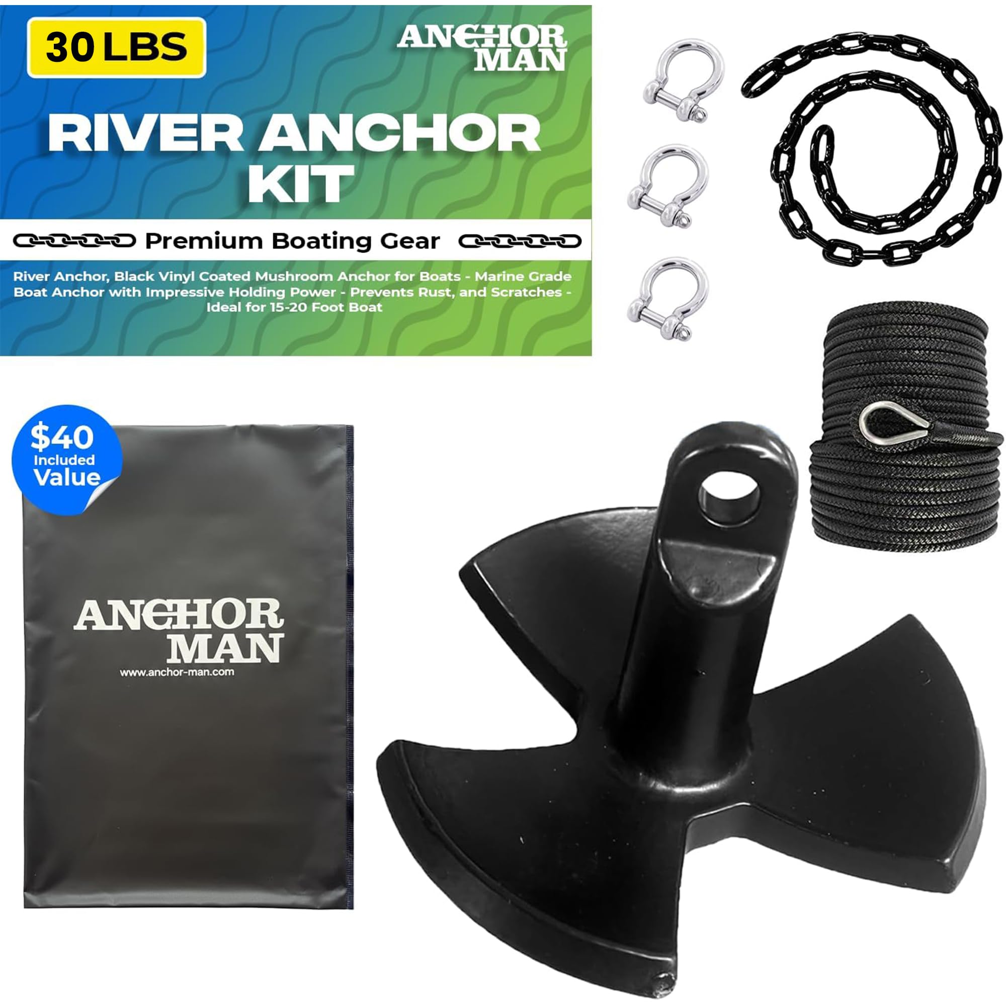 River Anchor Kit 30lbs, Vinyl/PVC Coated, 100 ft Nylon Rope, 4 ft PVC-Coated Chain, Bow Shackle, Storage Bag, Heavy Anchor-Man