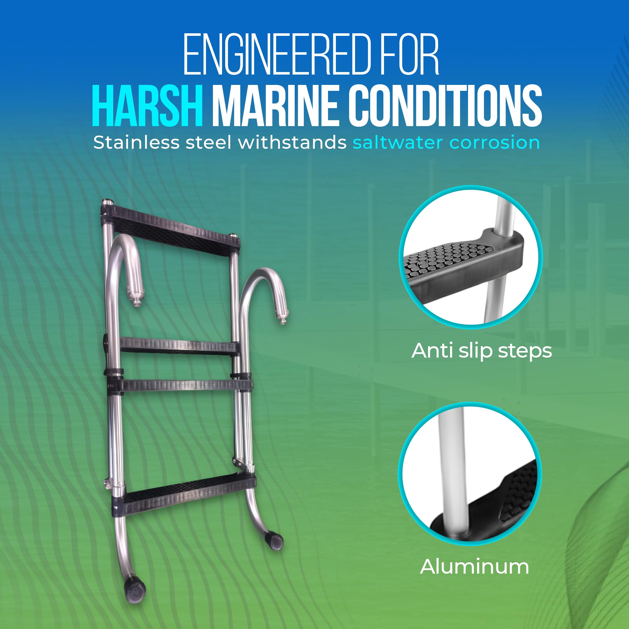 4 Step Ladder 44" x 14", Aluminum Folding Ladder for Boat – Heavy-Duty 400lb Capacity Non-Slip Marine Step Ladder Lightweight & Removable Design for Boats, Pontoons, Yachts & Docks