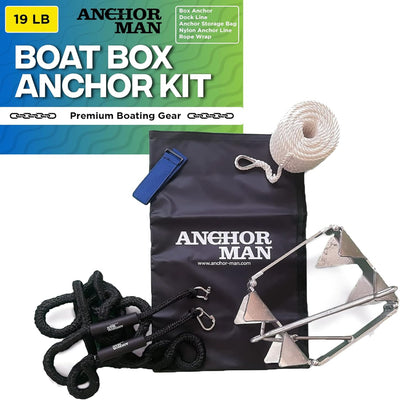 Anchor-Man Box Anchor Kit 19 lbs / 25 lbs - Ultimate Boat Anchor Kit, Hot Dipped Galvanized 9 Gauge Steel Boat Anchors for 25'/ 25'+ Boats - Pontoon Boat Anchor Kit Box Size, Large Pontoon Anchor Boat Kit