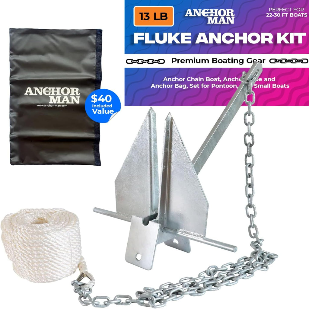Anchor-Man Portable Galvanized Fluke Style Anchor Kit (8.5lb Kit / 13lb Kit), Anchor Chain Boat, Anchor Rope and Anchor Bag, Set for Pontoon, Sail, Small Boats, Boat Anchors for 18, 25, Foot Boats