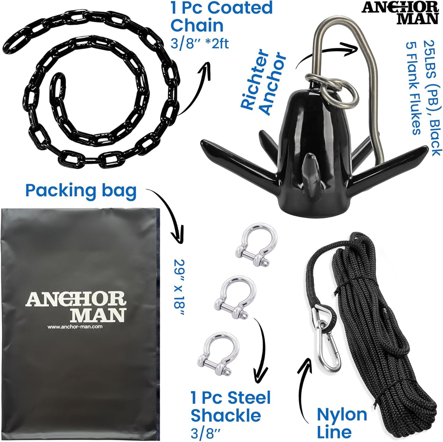 Richter Anchor Kit 18lbs with Slip Ring Design, Vinyl/PVC Coated, 100ft Nylon Rope, 4ft PVC-Coated Chain, Bow Shack Anchor-Man