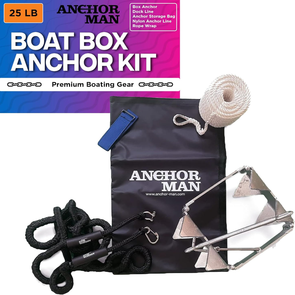 Anchor-Man Box Anchor Kit 19 lbs / 25 lbs - Ultimate Boat Anchor Kit, Hot Dipped Galvanized 9 Gauge Steel Boat Anchors for 25'/ 25'+ Boats - Pontoon Boat Anchor Kit Box Size, Large Pontoon Anchor Boat Kit