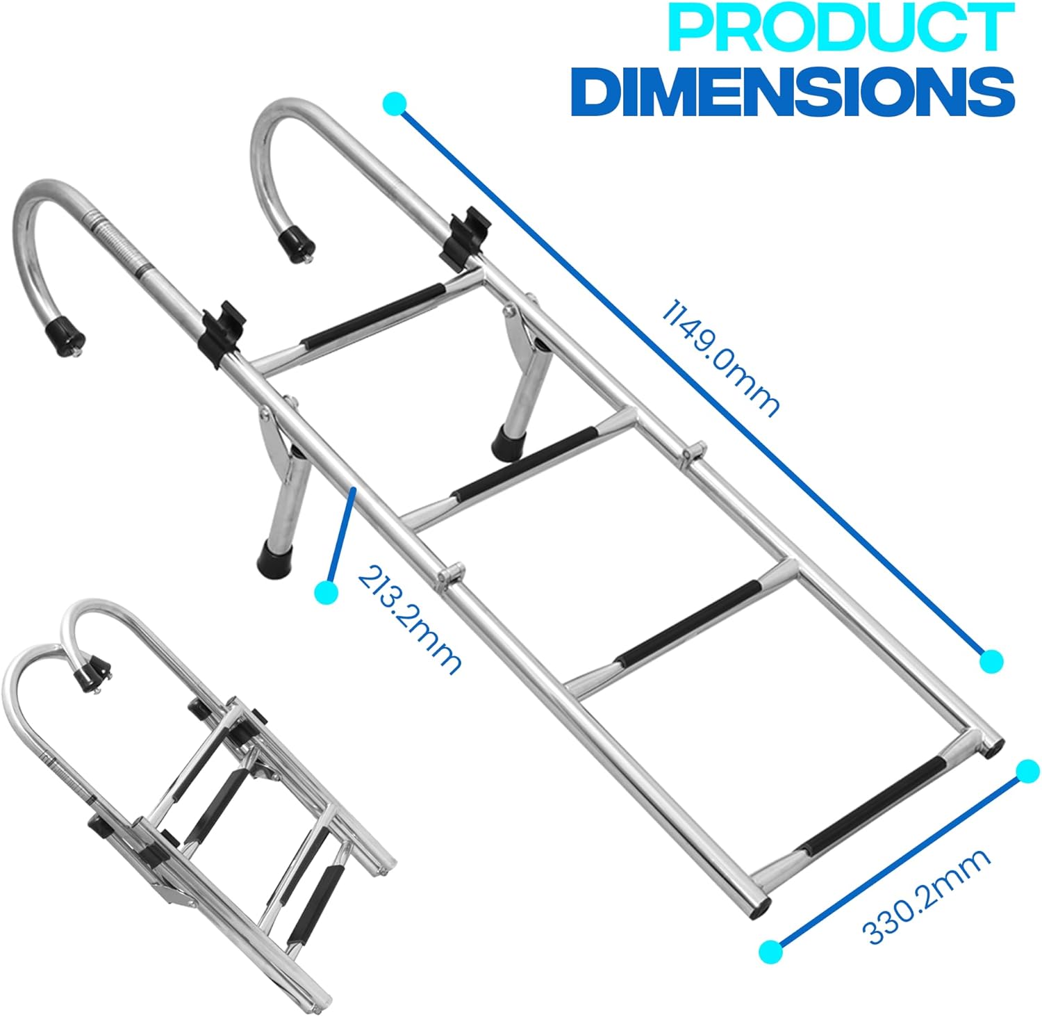 4 Step Mount Ladder, Stainless Steel, Foldable – 46" L x 14W, 29" Stowed, Durable Boat Boarding Ladder