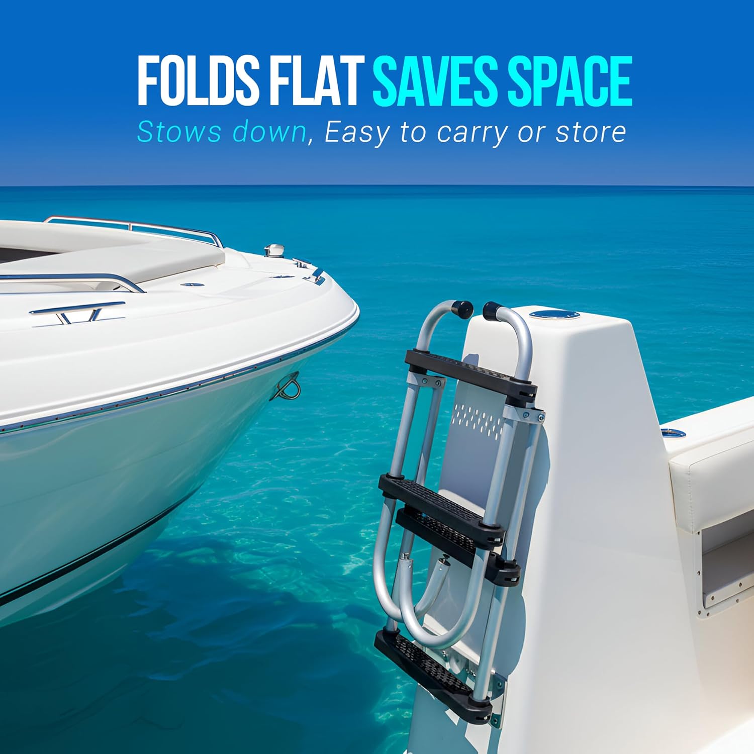 Aluminum Folding Ladder – 4-Step (2 + 2) 43.6" Length, 13.6" Width – Lightweight & Durable Boat Boarding Ladder with Polyethylene Steps