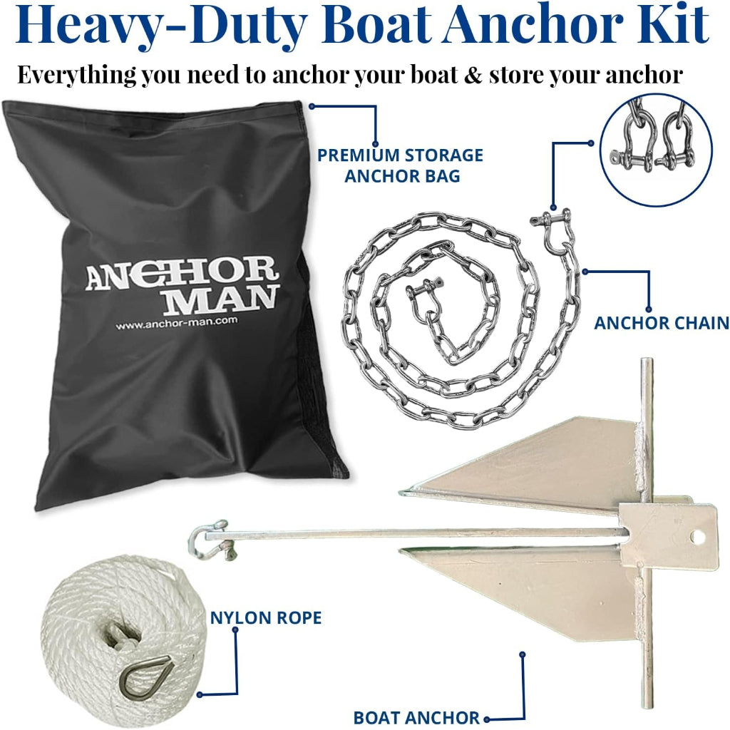 Anchor-Man Portable Galvanized Fluke Style Anchor Kit (8.5lb Kit / 13lb Kit), Anchor Chain Boat, Anchor Rope and Anchor Bag, Set for Pontoon, Sail, Small Boats, Boat Anchors for 18, 25, Foot Boats