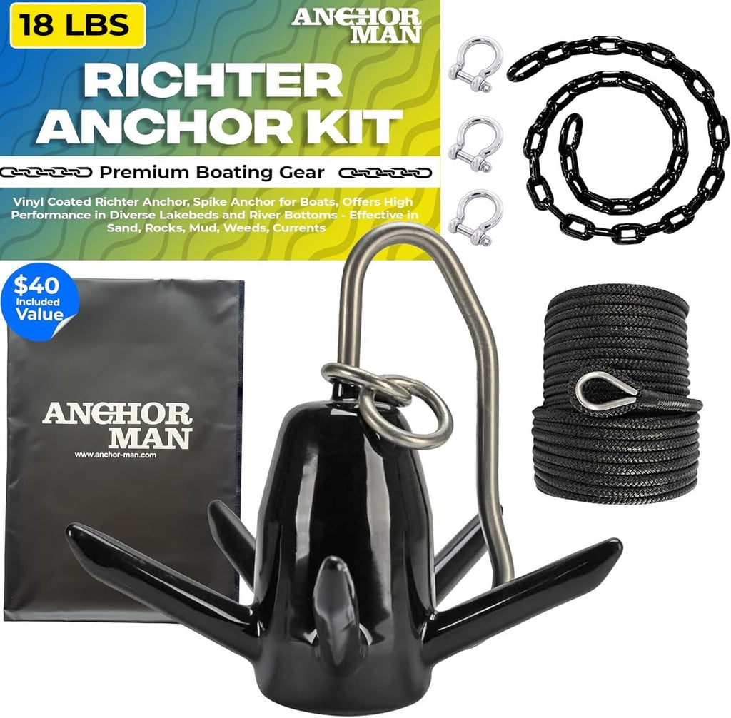 Richter Anchor Kit 18lbs with Slip Ring Design, Vinyl/PVC Coated, 100ft Nylon Rope, 4ft PVC-Coated Chain, Bow Shack Anchor-Man