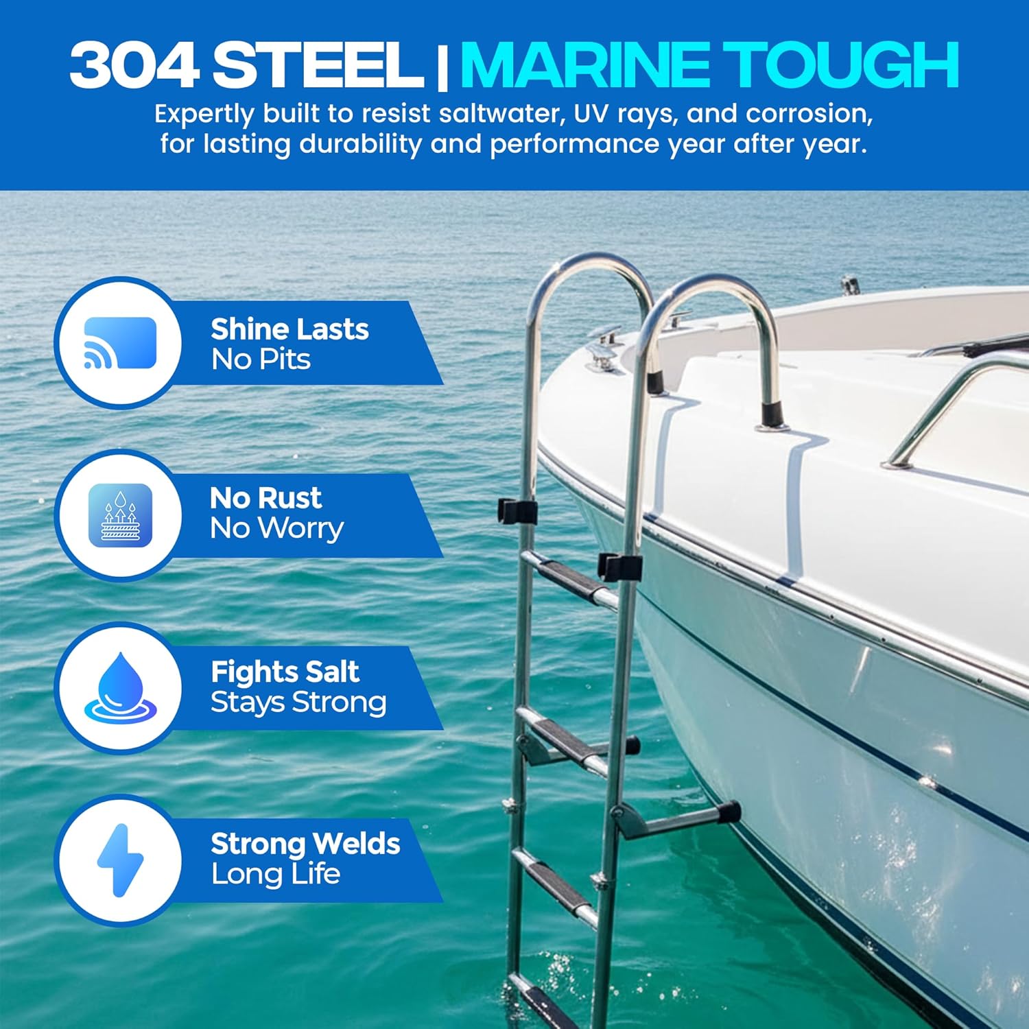 4 Step Mount Ladder, Stainless Steel, Foldable – 46" L x 14W, 29" Stowed, Durable Boat Boarding Ladder