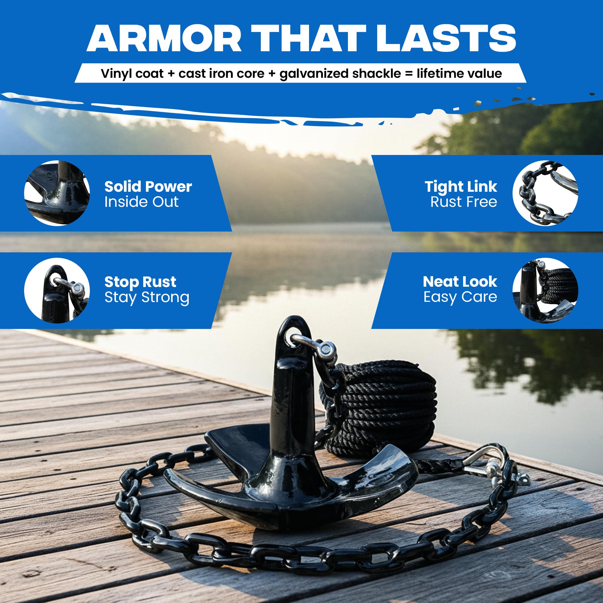 River Anchor Kit 30lbs, Vinyl/PVC Coated, 100 ft Nylon Rope, 4 ft PVC-Coated Chain, Bow Shackle, Storage Bag, Heavy Anchor-Man