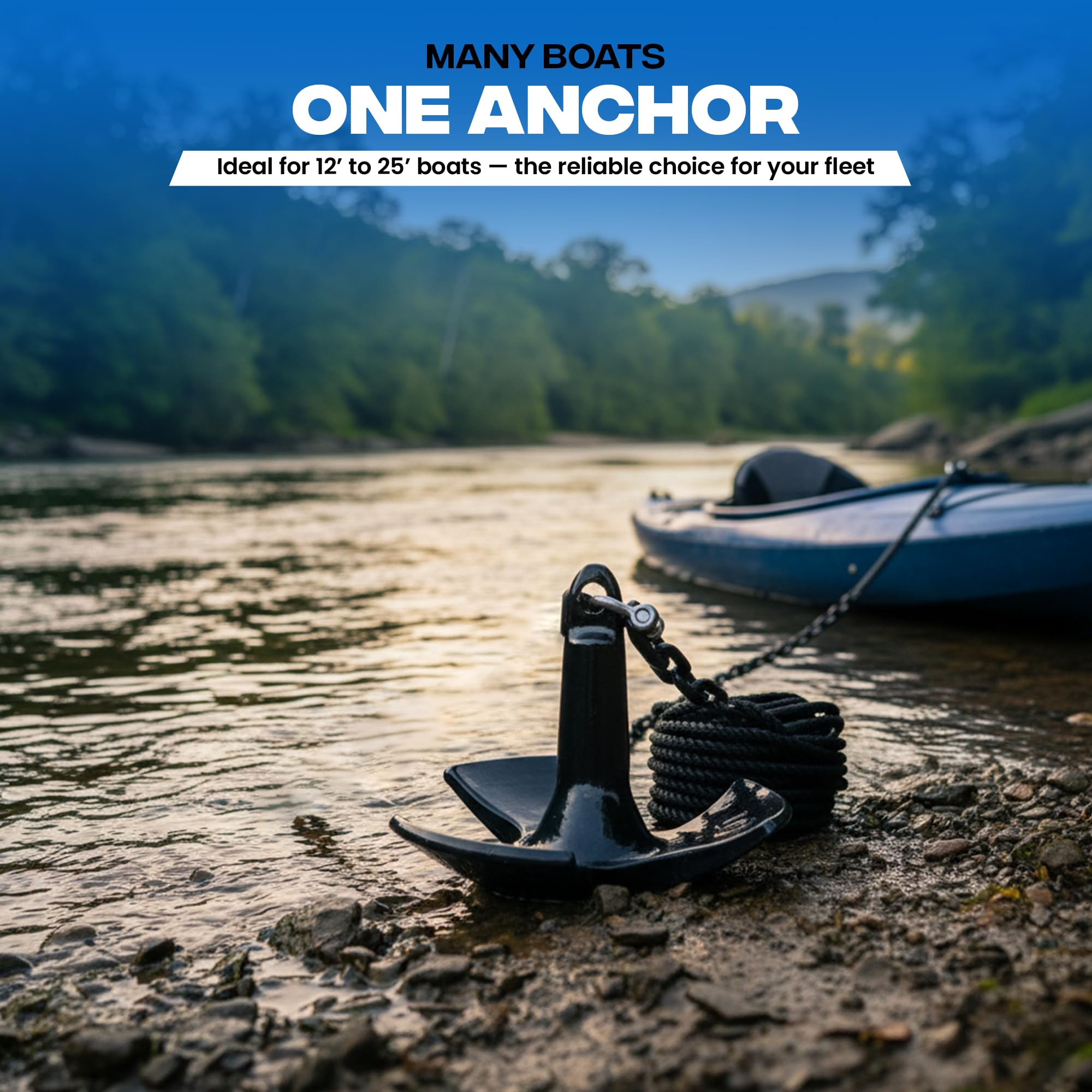 River Anchor Kit 20 lb Vinyl/PVC Coated, 100 ft Nylon Rope, 4 ft PVC-Coated Chain, Bow Shackle, Storage Bag Heavy D Anchor-Man