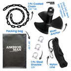River Anchor Kit 20 lb Vinyl/PVC Coated, 100 ft Nylon Rope, 4 ft PVC-Coated Chain, Bow Shackle, Storage Bag Heavy D Anchor-Man