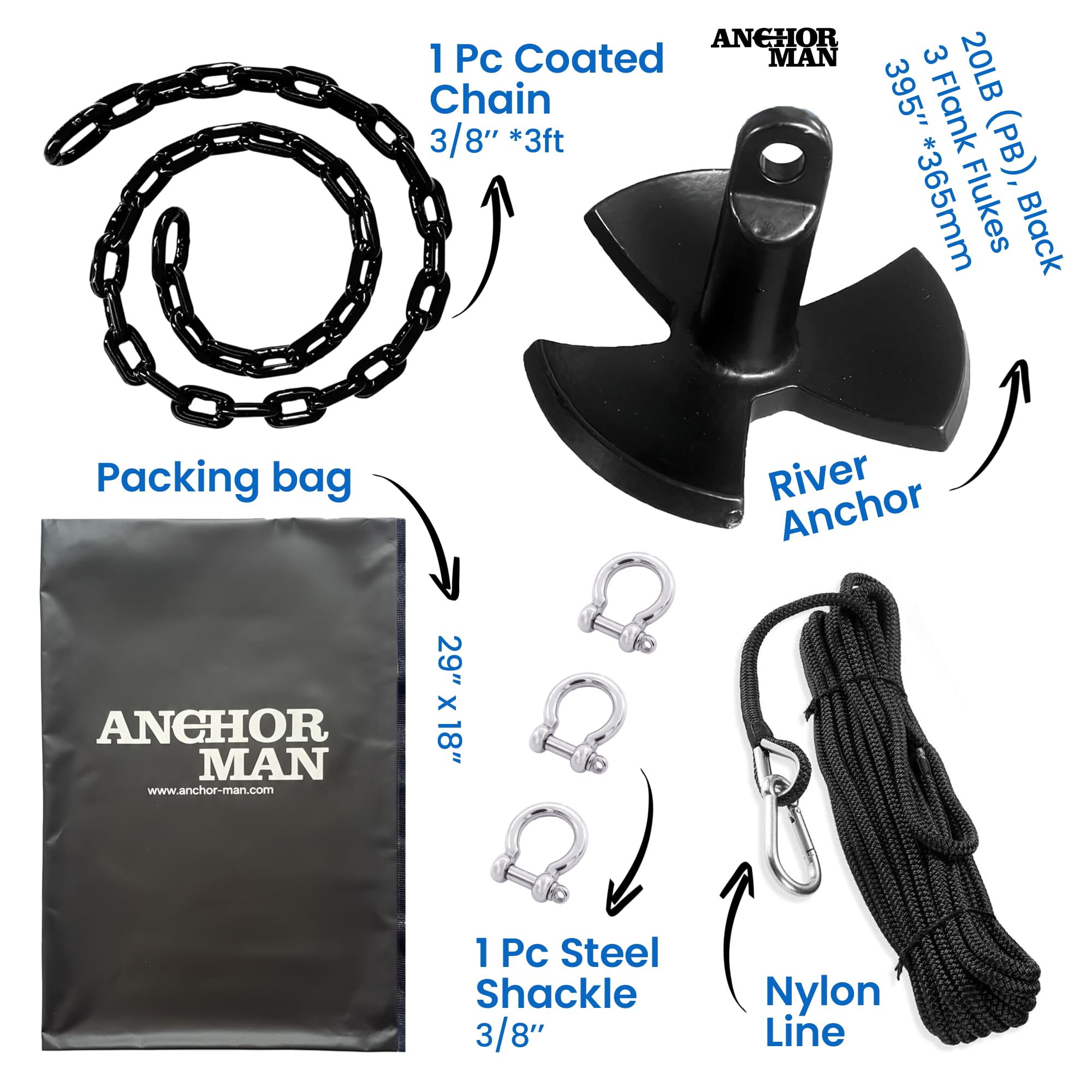 River Anchor Kit 20 lb Vinyl/PVC Coated, 100 ft Nylon Rope, 4 ft PVC-Coated Chain, Bow Shackle, Storage Bag Heavy D Anchor-Man