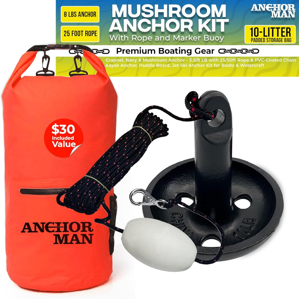 Anchor-Man Anchors | Folding Kayak Grapnel Anchor, 8LB Mushroom Anchor, Complete Jet Ski Anchor Kit with PVC Coated Chain & 50 Feet Rope | Ideal for Boats, Jet Skis, Kayaks, Paddle Boards & Fishing