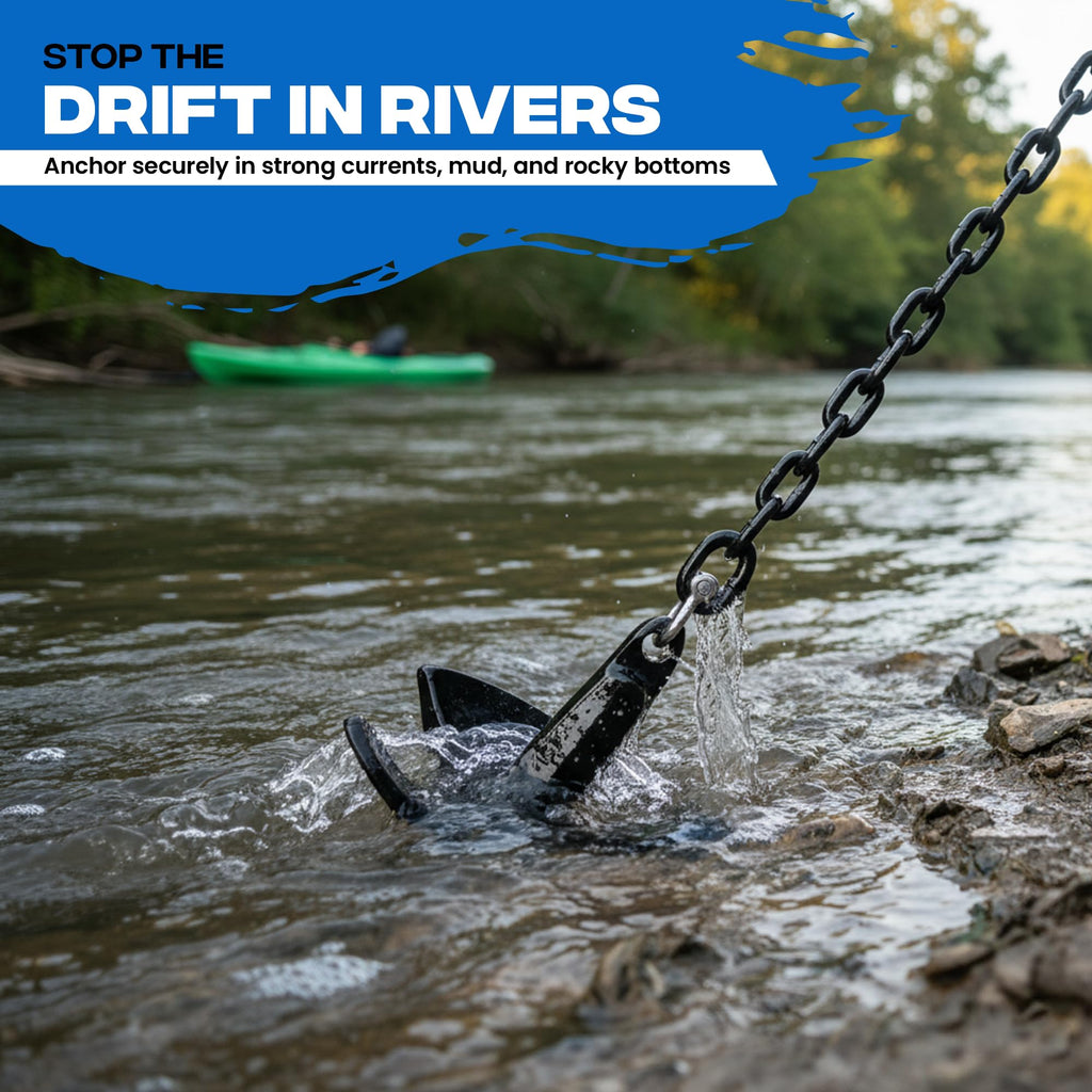 River Anchor Kit 20 lb Vinyl/PVC Coated, 100 ft Nylon Rope, 4 ft PVC-Coated Chain, Bow Shackle, Storage Bag Heavy D Anchor-Man