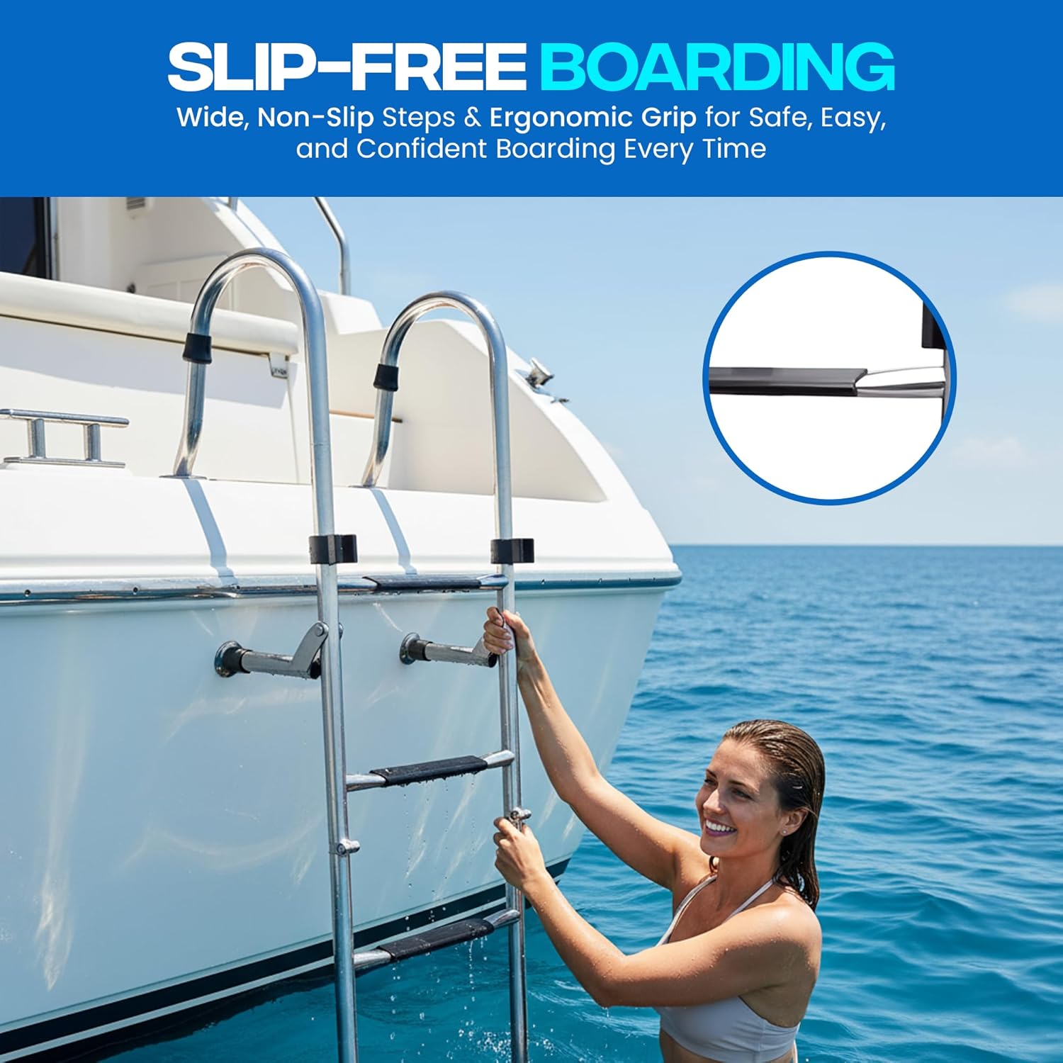 4 Step Mount Ladder, Stainless Steel, Foldable – 46" L x 14W, 29" Stowed, Durable Boat Boarding Ladder