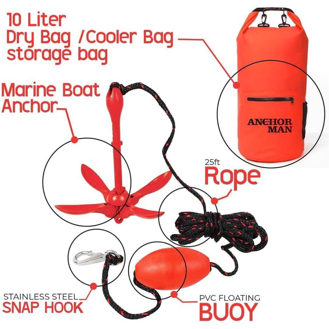 Anchor-Man 3.5 LB Folding Kayak Complete Grapnel Anchor - 10L Storage Kayak Anchor - Mushroom Anchor, Jet Ski Anchor Kit with 25 Feet Rope | Ideal for Boats, Paddle Board Anchor and Fishing