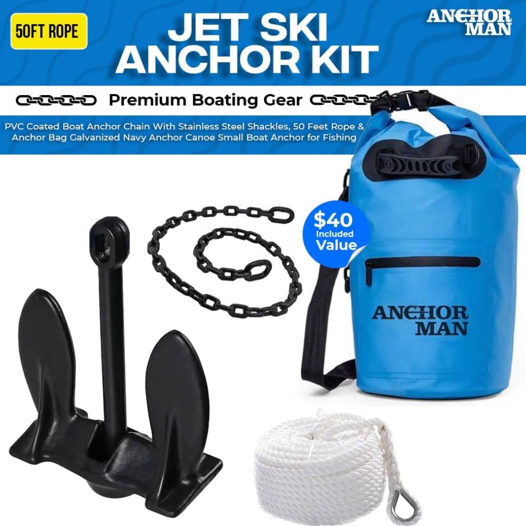 Jet Ski Anchor Kit | Kayak Anchor Kit PVC Coated Boat Anchor Chain with Stainless Steel Shackles with 50 Feet Rope & Anchor Bag | Galvanized Navy Anchor Canoe Small Boat Anchor for Fishing